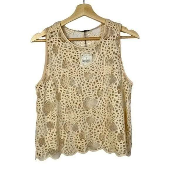 Zara Beige Sheer Lace Scallop Hem Tank Top M - Picture 1 of 4